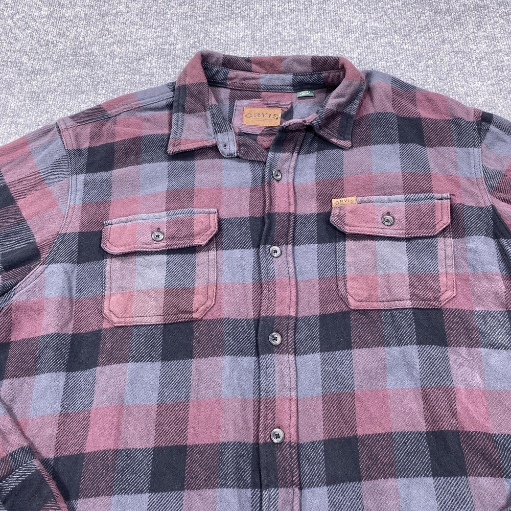 Orvis Flannel Shirt Jacket Mens 2XL Red Gray Plaid Quilted Shacket Pockets - Picture 2 of 9